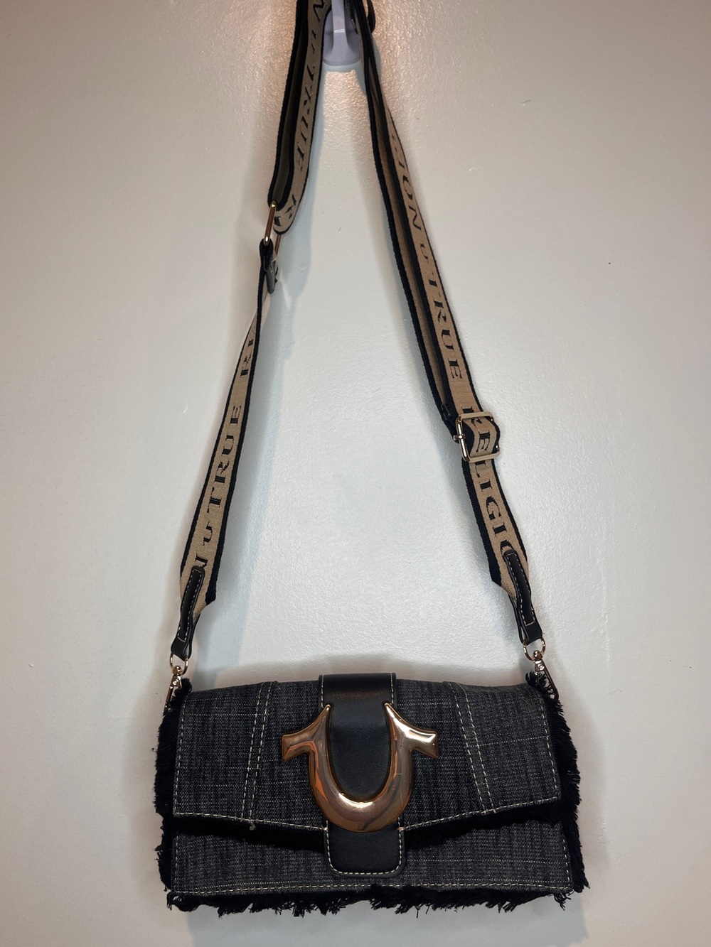 True Religion Frayed Denim Flap Crossbody Bag. - Picture 5 of 12